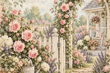 Blushing Rose Digital Paper Garden Scene
