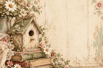 Country Farmhouse Digital Paper - Old Books, Birdhouse, Lace, Floral