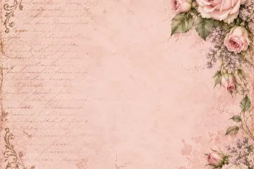 Blushing Rose Digital Paper with Faint Script and Rose Floral Border
