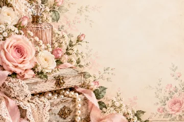 Boutique Scrapbook Paper Vintage & Shabby Chic Perfume Bottles, Pearls, Lace, Roses and Jewelry Box