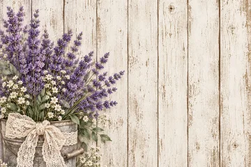 Lavender Cottage Whitewashed Wood Background with Lavender Flowers in a Bucket