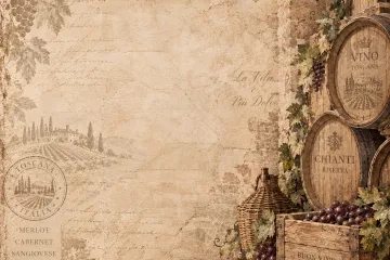 Olive & Oak Faded Tuscan Scene, Wine Barrels, Grapes Digital Scrapbook, Journal, Card Paper