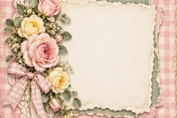 Blushing Rose Digital Paper Gingham Background with Layered Papers and Lace and Floral Border
