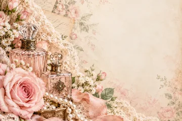 Boutique Scrapbook Paper Vintage & Shabby Chic Perfume Bottles, Pearls, Lace, Roses
