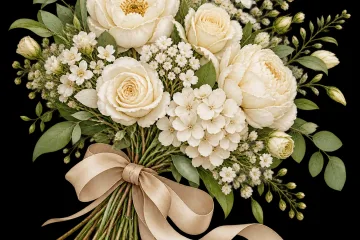 Creamy White Floral Transparent Bouquet with Tan Ribbon