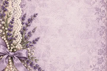 Lavender Cottage Faded Floral Background with Lace, Lavender, Bow, and Pearl Left Edge