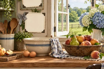 Country Farmhouse Digital Paper - Rustic Kitchen, Fruit, Mixing Bowls, Utensils, Flowers