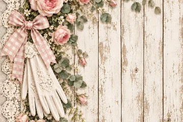 Blushing Rose Digital Paper with Lace, Roses, Gingham Bow, Old Gloves and Wood Background